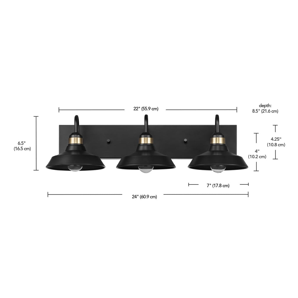 Globe Electric 63000199 24" 3-Light Vanity Light, Matte Black, Brass Accents, Exposed Bulb, Bathroom/Makeup Mirror, Wall Light