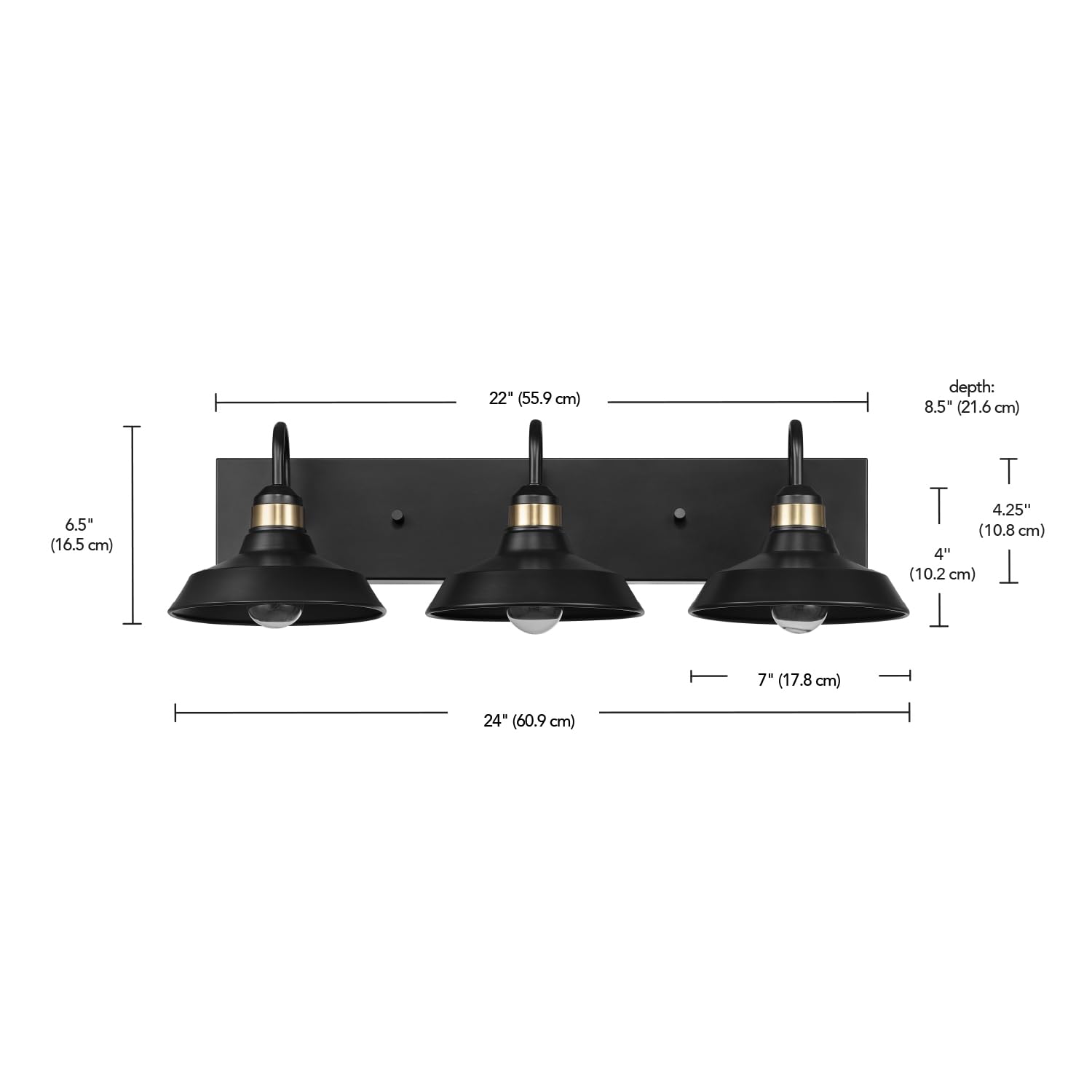 Globe Electric 63000199 24" 3-Light Vanity Light, Matte Black, Brass Accents, Exposed Bulb, Bathroom/Makeup Mirror, Wall Light