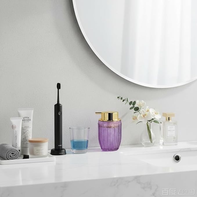 Purple Foaming Soap Dispenser, Glass Foam Hand Soap Dispenser with Gold Pump, Bathroom 10 Oz Refillable Liquid Lotion Pump Container Barrel Shape Bottle for Kitchen Countertop Decor