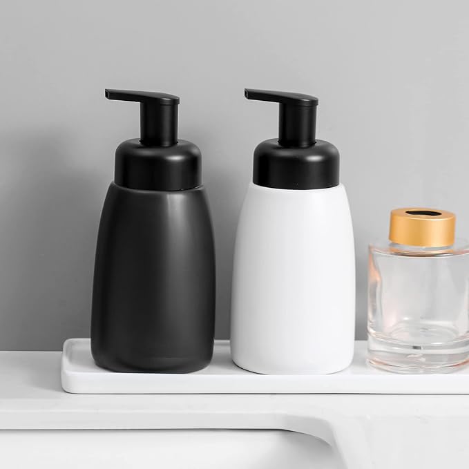 Foaming Hand Soap Dispenser Ceramic Jar Foam Dish Soap Dispenser for Bathroom and Kitchen Sink, Liquid Pump Bottle for Shampoo, Body Wash, Hand Soap, Black, 2 Pack
