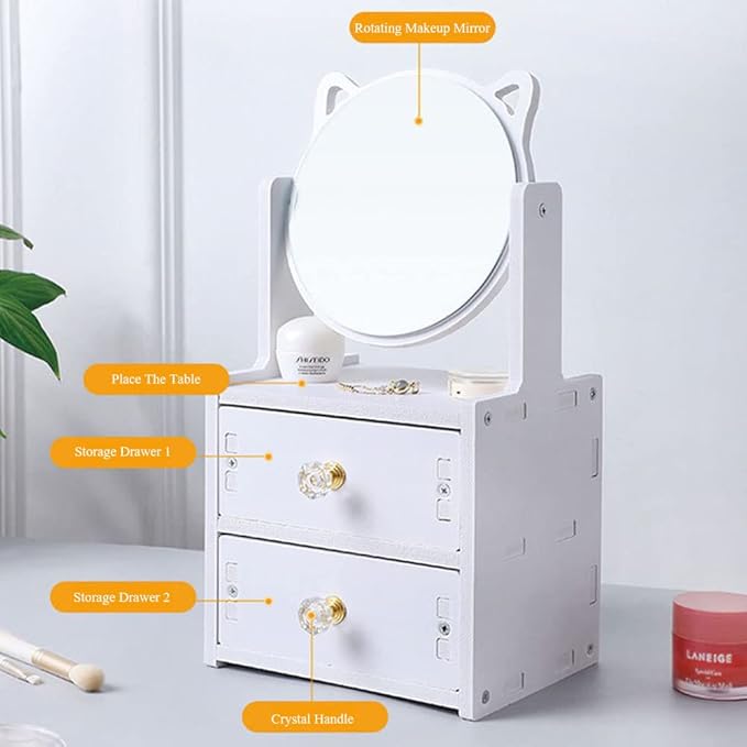 Alunsito Cat Ear Vanity Mirror, Desktop Makeup Mirror with Drawer, Multipurpose Cosmetic Box, Plastic Cosmetic Storage Organizer for Home, Bedroom Supplies, White Country Brush Drawer