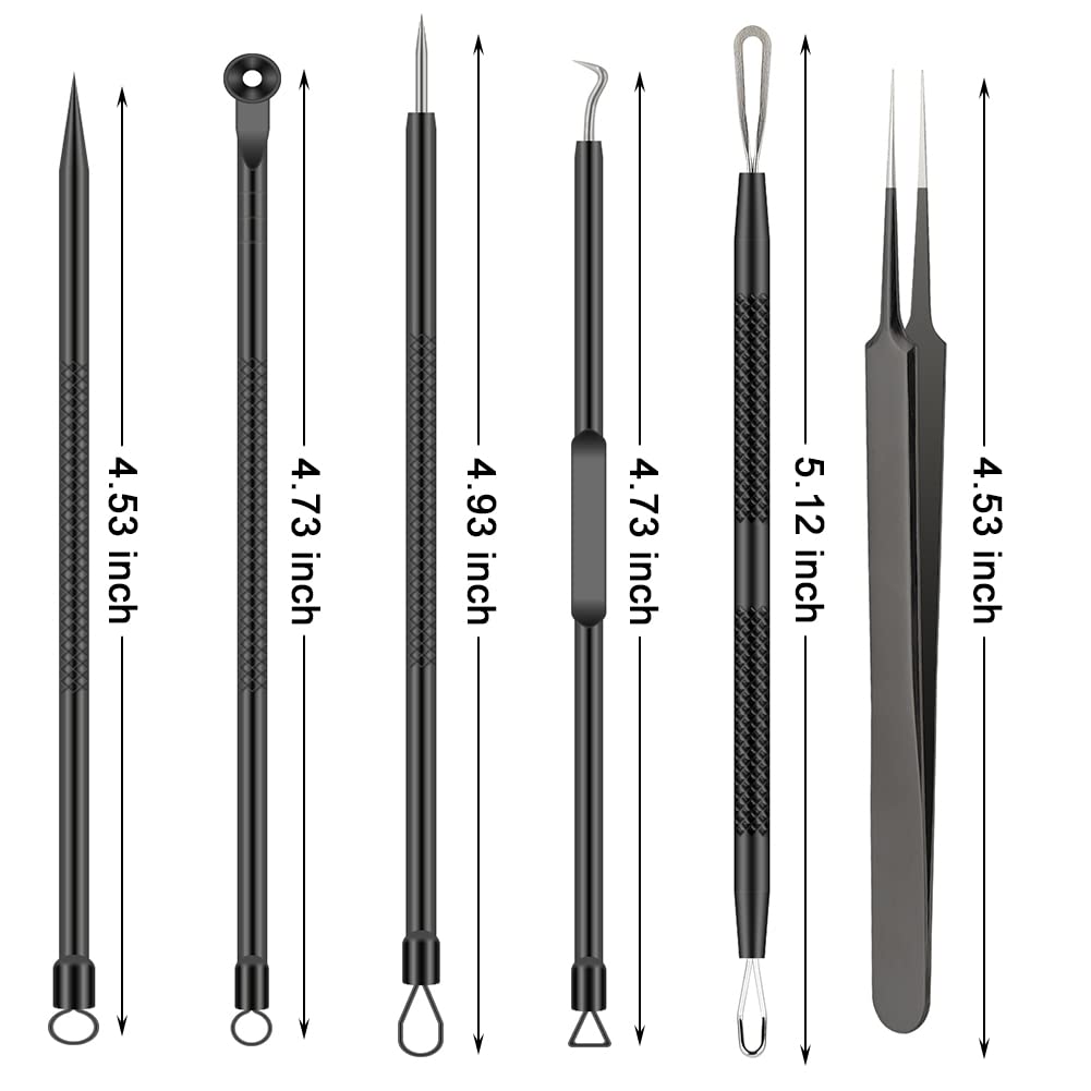 Pimple Popper Tool Kit, 6 Pcs Blackhead Remover Acne Needle Tools Set Removing Treatment Comedone Whitehead Popping Zit for Nose Face Skin Blemish Extractor Tool - Black