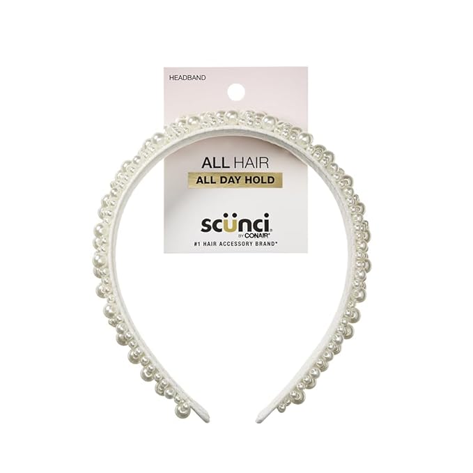 CONAIR Scunci Pearl Headband - ideal for all occasions- fashionable and trendy nonslip head band- hair accessories for women - holiday headwear - stocking stuffers - gifts for her -Ivory