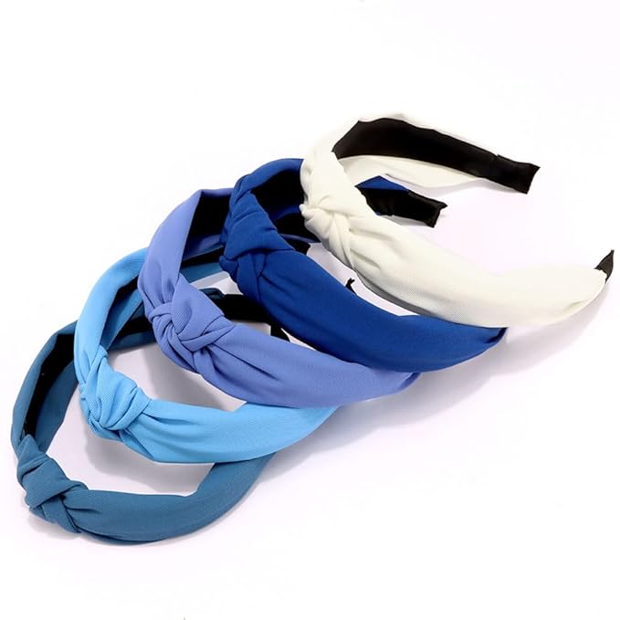 AHONEY 5 Pack Blue Knotted Headbands for Women Girls Trendy Fashion Thick Headbands Top Knot Non Slip Cute Hair Accessories Headband Pack Diademas Para Mujer