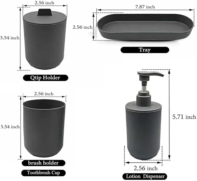 LGURT 4-Piece Dark Gray Plastic Bathroom Accessory Set, Lotion Soap Dispenser, Tumbler, Cotton Swab Cup & Vanity Tray (7.87" × 2.56") – Modern Home Decor for Apartment, Dorm & Guest Bath