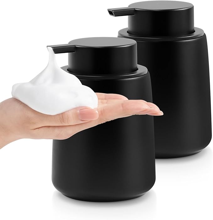 ARTWIND Ceramic Foam Soap Dispenser 2 Pack, 12oz Matte Black Lotion Hand Sanitizer Soap Dispenser with Easy-to-Press Pump for Bathroom & Kitchen Countertop Refillable