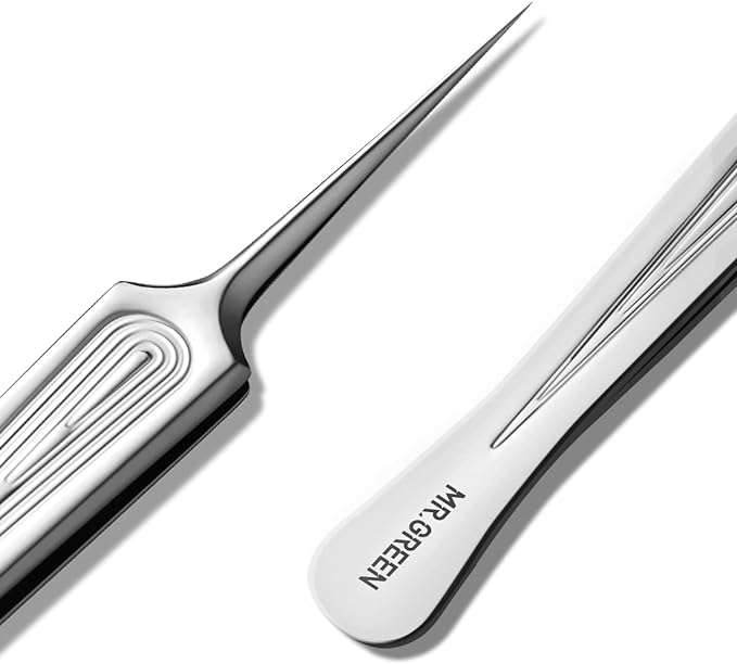 MR.GREEN Ingrown Hair Tweezers Needle Nose Pointed Tips Tweezers For Eyebrows Splinters Blackhead Removal Acne Clip Extractor (Long)