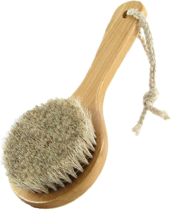 HiKin 7.87” Short Handle Dry Bath Body Brush Scrubber, Wood Handle Soft Horsehair Mane Natural Bristles Shower Brush, Good for Cellulite, Detox, Exfoliating, Blood Circulation, etc.