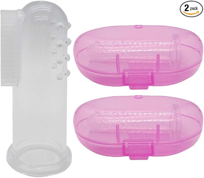 Baby Finger Toothbrush (Set of 2) - Silicone Baby Toothbrush with 2 Cases in Pink - Toddler Training Toothbrush - Newborn Oral Massager - Easy Oral Hygiene for Kids & Pets (Pink)