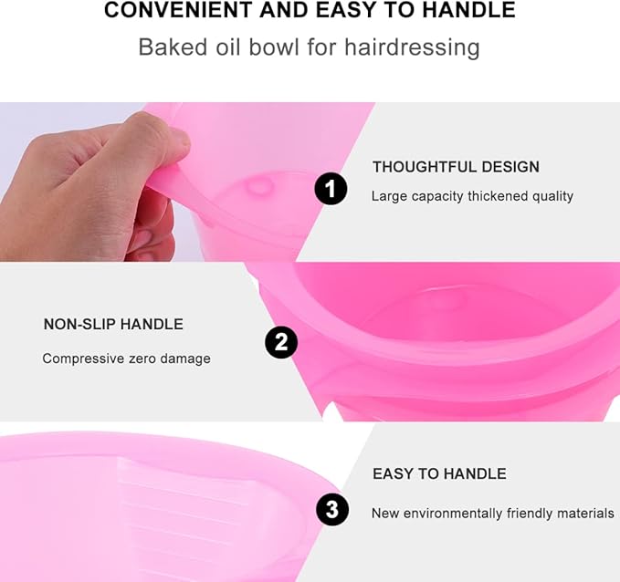 KALLORY 3PCS Hair Dye Bowl, Plastic Hair Color Mixing Bowls with Handle, Color Mixing Bowls for Professional Hairstylist, Stackable DIY Hair Coloring Mixing Tool for Salon Hairdressing (Pink)