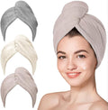 3 Pack Microfiber Hair Towel Wrap for Women, Fast Drying Hair Turban with Button, Anti-Frizz Large Hair Towel for All Hair Styles, Soft & Absorbent Hair Drying Towel(White,Khaki,Grey)