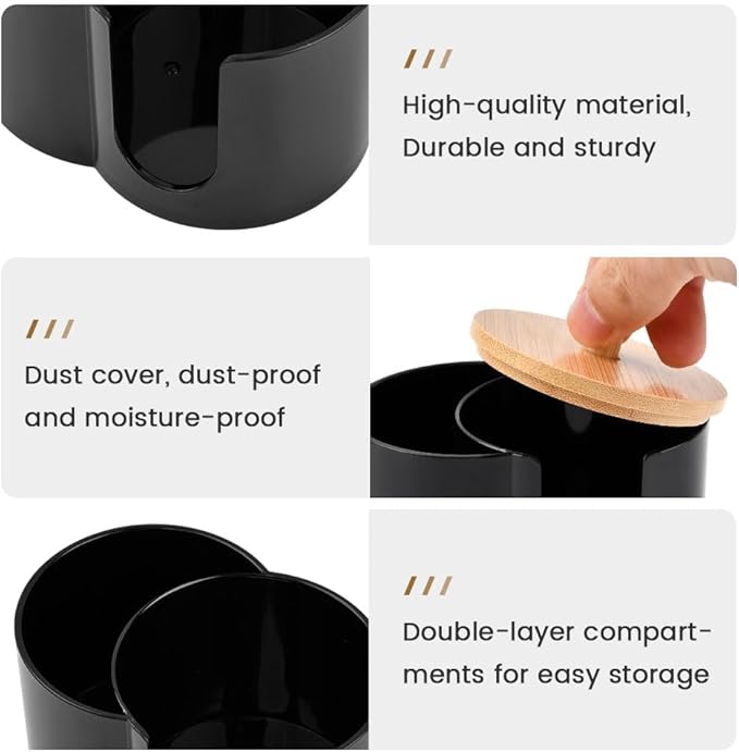 Axrivonte Qtip Holder Dispenser,Dual-Compartment Cotton Swab & Cotton Pad Organizer with Removable Dustproo-f Lid,Compact Countertop Storage Container(Black)