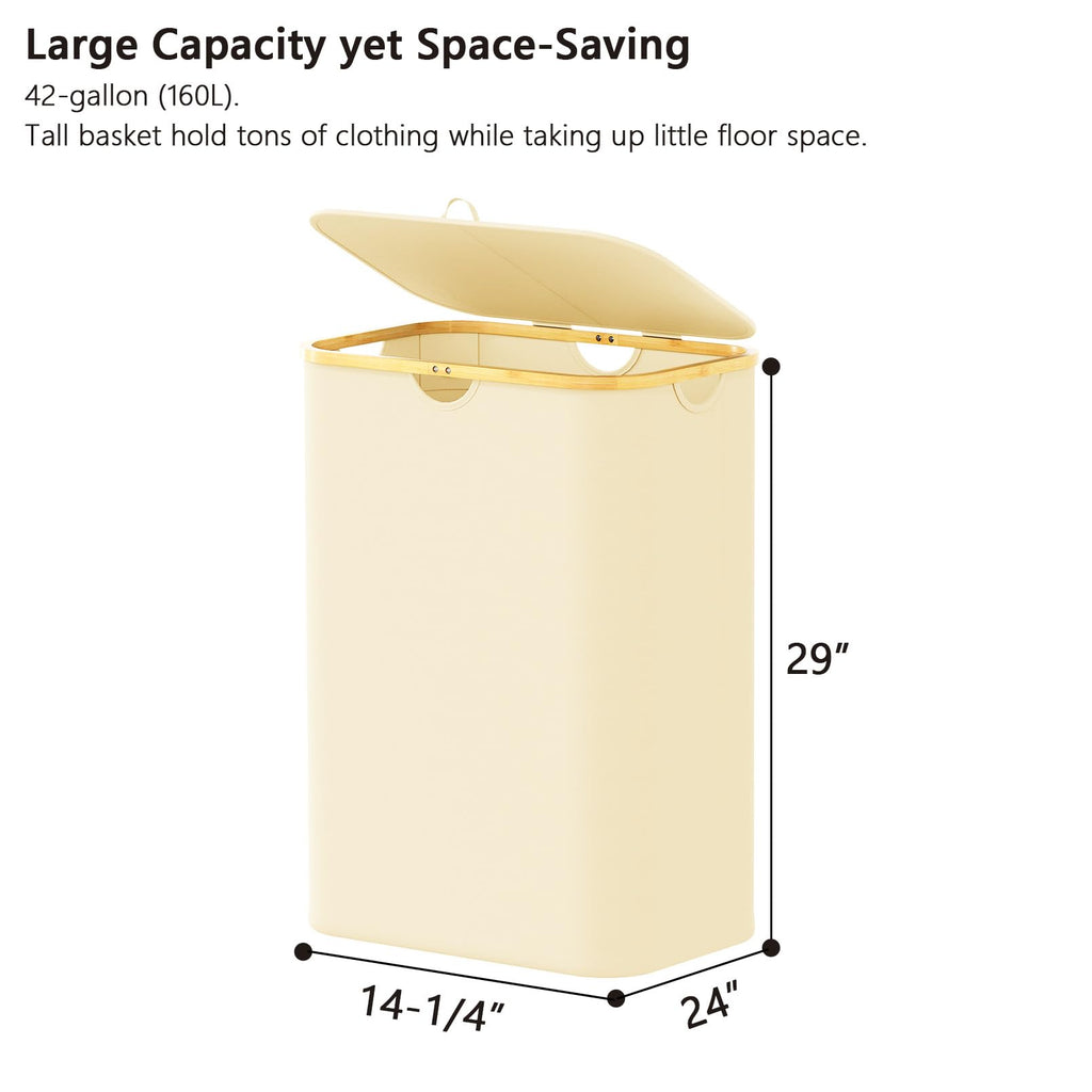 SpaceAid Double Laundry Hamper 2 Section with Lid and Removable Laundry Bags, 160L Clothes Basket with Bamboo Handles, Large Collapsible Hamper for Bedroom, Bathroom, Dorm, Laundry Room - Beige