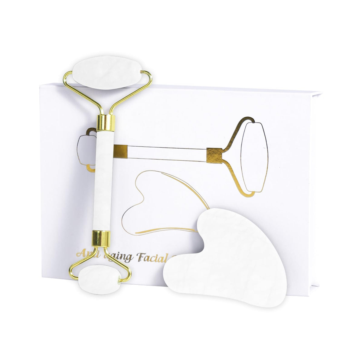 LSXKAMIX Jade Roller Gua Sha Tools - Nature Gua Sha Facial Tool Skin Tightening Face Massager Anti-Aging Jade Face Roller Puffiness Reducing Guasha Stone for Women Men (White)