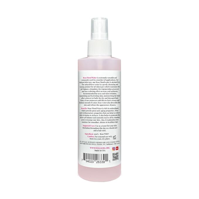 Well's Oil Rosewater Face & Hair Mist Spray (8 fl oz / 236 mL) | Floral Rosewater Hydrosol | Alcohol-Free