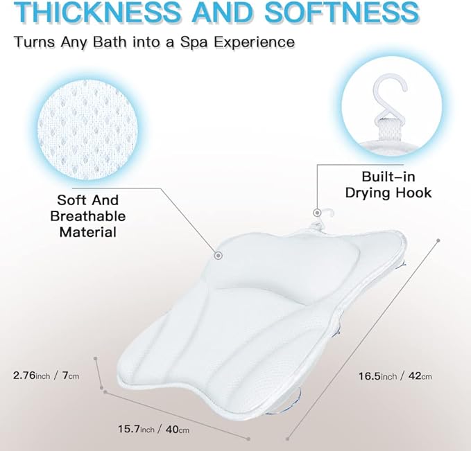 Bath Pillow for Tub Luxury Bathtub Pillow for Head and Neck 4D Air Mesh Spa Bath Tub Pillow Headrest with Non-Slip 6 Strong Suction Cups Bathtub Pillow Soaking Tub Bathroom Bath Gifts
