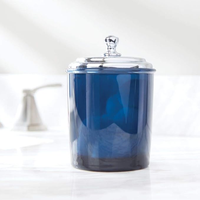 mDesign Bathroom Vanity Storage Organizer Apothecary Canister Jar for Cotton Balls, Swabs, Makeup Sponges, Bath Salts, Hair Ties, Jewelry - Dark Blue/Chrome Lid