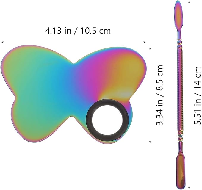 KALLORY Butterfly Nail Art Palette with Stainless Steel Makeup Spatulas for Cosmetic and Nail Color Mixing at Home or Salon