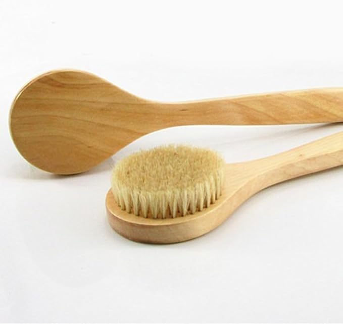 HiKin 11.8“ Long Handle Dry Bath Body Brush Back Scrubber, Wooden Handle Shower Brush with Natural Boar Bristles, Good for Exfoliating, Cellulite, Detox, Blood Circulation, etc.