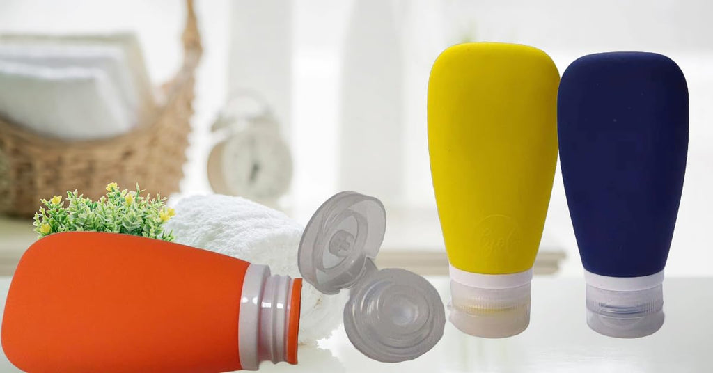LYOB Travel Bottles for Toiletries, TSA Approved 3oz Leak Proof Silicone Refillable Squeeze Travel Size Containers BPA Free for Cleansers, Lotions, Shampoo 3pk (Orange-Blue-Yellow).