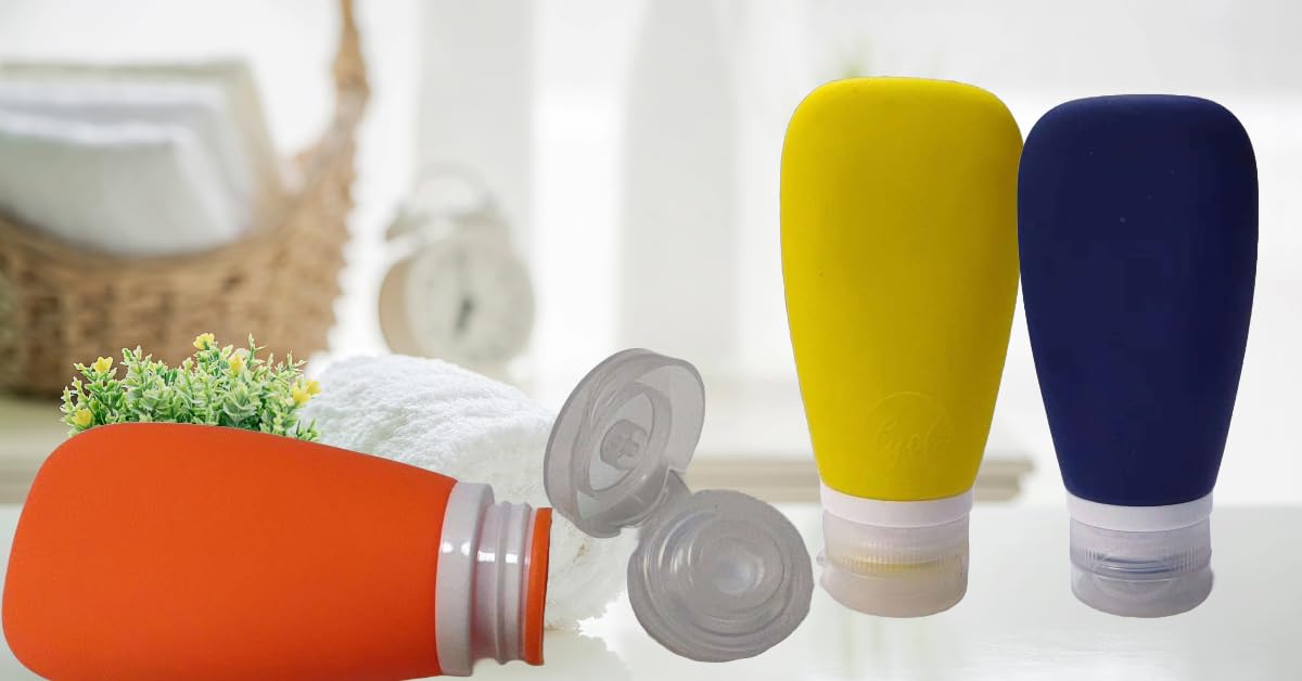 LYOB Travel Bottles for Toiletries, TSA Approved 3oz Leak Proof Silicone Refillable Squeeze Travel Size Containers BPA Free for Cleansers, Lotions, Shampoo 3pk (Orange-Blue-Yellow).