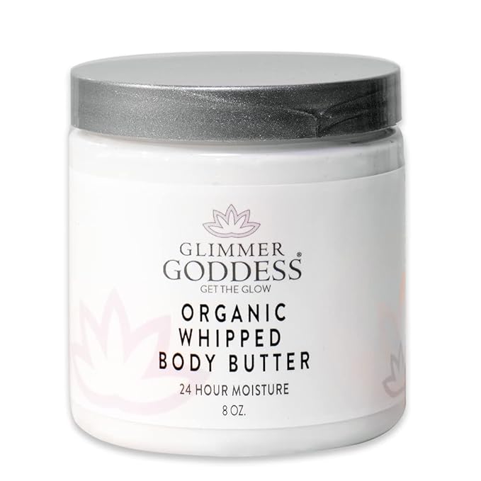 Glimmer Goddess Organic Whipped Body Butter for Women - Moisturizer Cream with Shea & Cocoa Butter, Almonds & Coconut Oil - Rose Geranium Lavender, 8oz