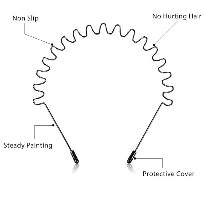 Vrose Flosi Metal Headband for Men - Zig Zag Wavy Hair Band for Thick Curly Hair Non-Slip Slicked Back Headband with Safe Ball-End Tips to Prevent Forehead Acne Black Wire Hair Accessories