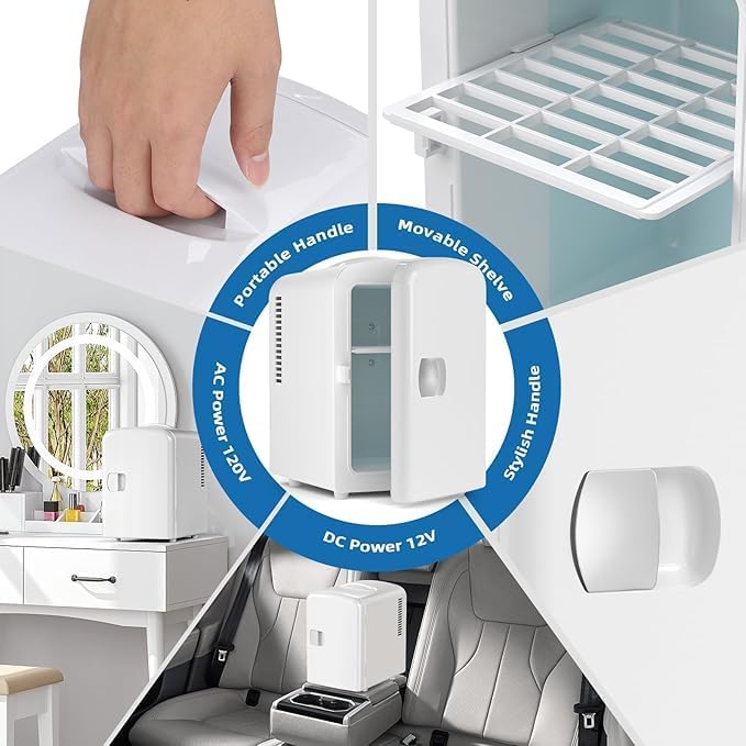 Electactic Compact Refrigerator, Portable Mini Fridge, Skin Care 4L/6 Cans, for Bedroom, Car, Office & Dorm, Small Cooler for Cosmetics, Beverage and Food, White