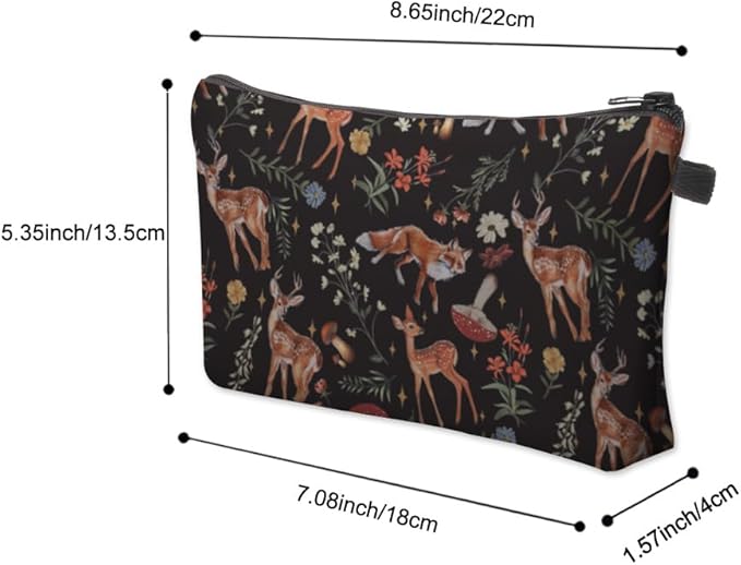 Loomifang Small Makeup Bag Cosmetic Bag for Women, Pretty Design Organizer Case with Zipper Closure, Lightweight and Water-Resistant Make Up Bag - 8.65"x 5.35" x 7.08"（Sika Deer & Fox）