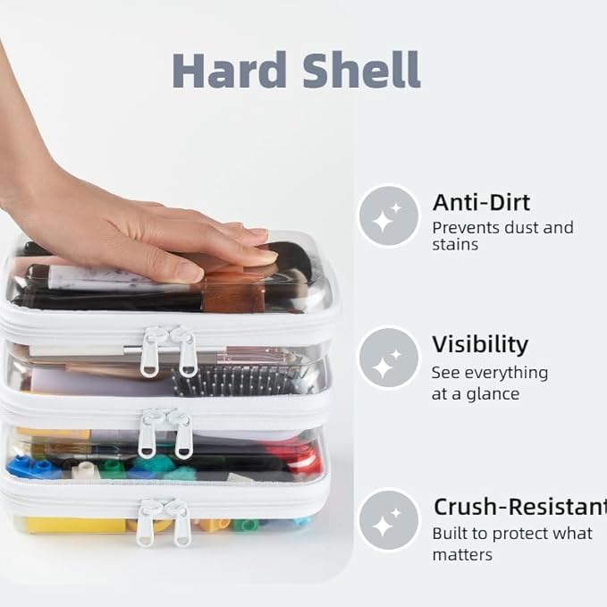 WELPIRT 3-Pack Small Clear Hard Shell Zipper Pouches, Clear Zipper Bags, Hard Case Pouches for Purse & Diaper Bag Organizer,and Travel Essentials（3S）