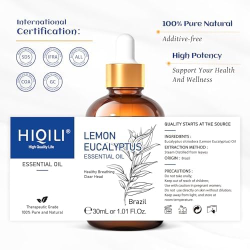 HIQILI Lemon Eucalyptus Essential Oil for Spray, Aromatherapy & Diffuser