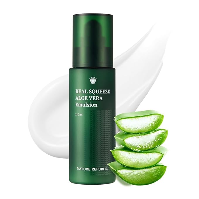 Nature Republic Real squeeze aloe vera Emulsion | Hydrating & Moisturizing Facial Lotion, Fast-Absorbing, Non-Sticky Formula, After-Sun & Aftershave Care (150ml / 5.24oz)