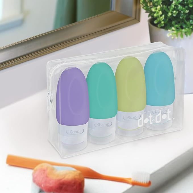 Dot&Dot Leak Proof Travel Bottles - Tubes for Liquid TSA Approved 1oz Silicone Toiletries Travel Shampoo & Conditioner Containers with Labels