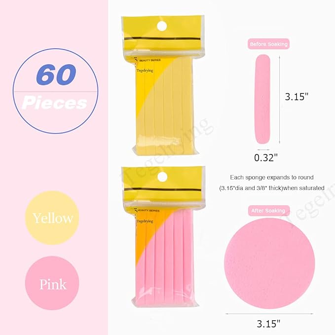 Tegelrying Facial Sponge Compressed,60 Pcs PVA Professional Makeup Removal Wash Round Face Sponges Spa Pads Exfoliating Cleansing for Women,Yellow,Pink