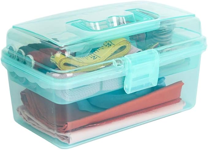 BangQiao Multipurpose Plastic Art and Craft Supply Storage Container Bin Case with Removable Tray and Handle, First Aid Box Organizer, Clear&Green