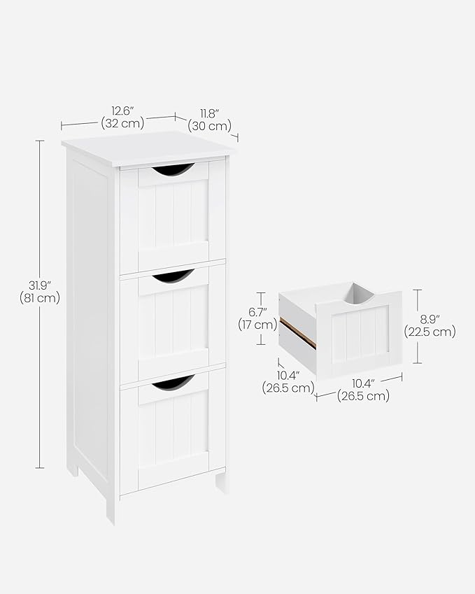 VASAGLE Floor Storage Cabinet, Freestanding Storage Unit with 3 Drawers, 11.8 x 12.6 x 31.9 Inches, for Bathroom, Living Room, Kitchen, Modern Style, Matte White UBBC050WH01S