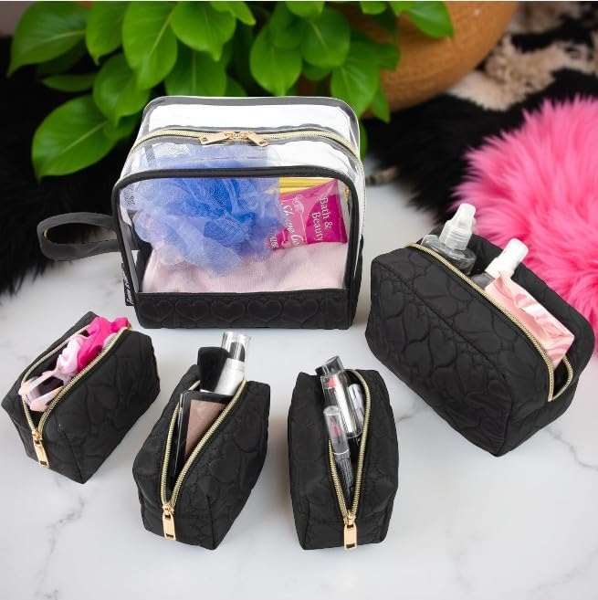 Emma & Chloe Travel Toiletry Bags for Women, 5 Piece Waterproof Cosmetic Case, Bag, Pouch Makeup Organizer Set for Women, Home Counters (Quilted Black Hearts)