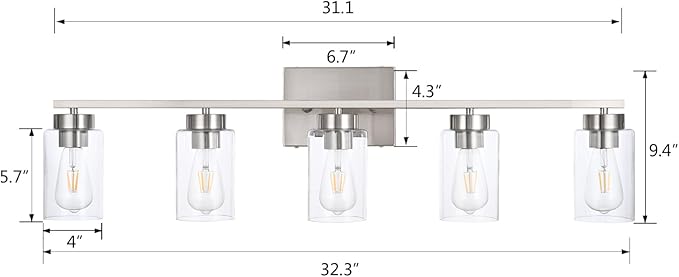 A1A9 5 Light Bathroom Vanity Light Fixtures, Brush Nickel Modern Wall Lights with Clear Glass Shade, Vintage Wall Sconce Lighting for Living Room, Mirror, Bedroom, Hallway (Nickel, 5-Lights)