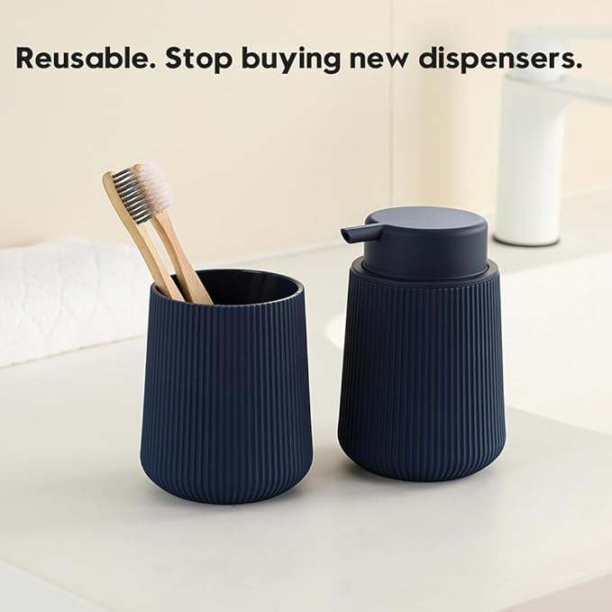 YAUKPH Striped Foaming Hand Soap Dispenser with Leak-Proof Pump for Bathroom and Kitchen Countertop 11oz Navy Blue