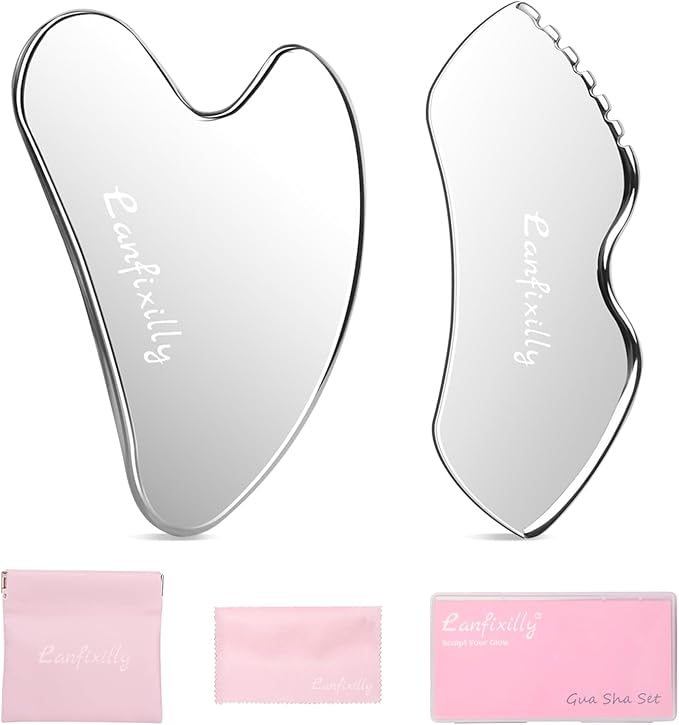 Lanfixilly 2Pcs Stainless Steel Gua Sha, Gua Sha Facial Tools for Face Sculpting, Metal Gua Sha Skin Care, Massage Gift for Women