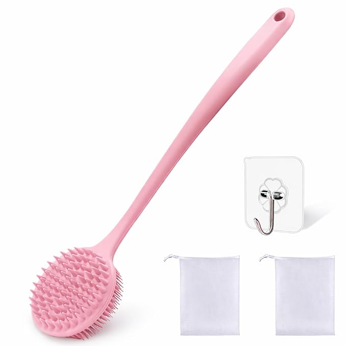 YouthRun Silicone Body Scrubber for Shower Men Women – Dual-Sided Exfoliating & Massage Shower Brush with Long Handle, Creates Rich Lather, Includes 1 Hook & 2 Lather Balls (Pink).