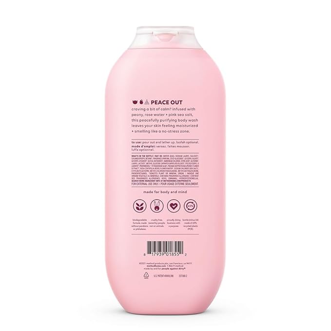 method Body Wash, Pure Peace - Leaves Skin Feeling Soft & Moisturized, Made Without Parabens, Notes of Peony, Rose Water & Pink Sea Salt, 18 fl oz