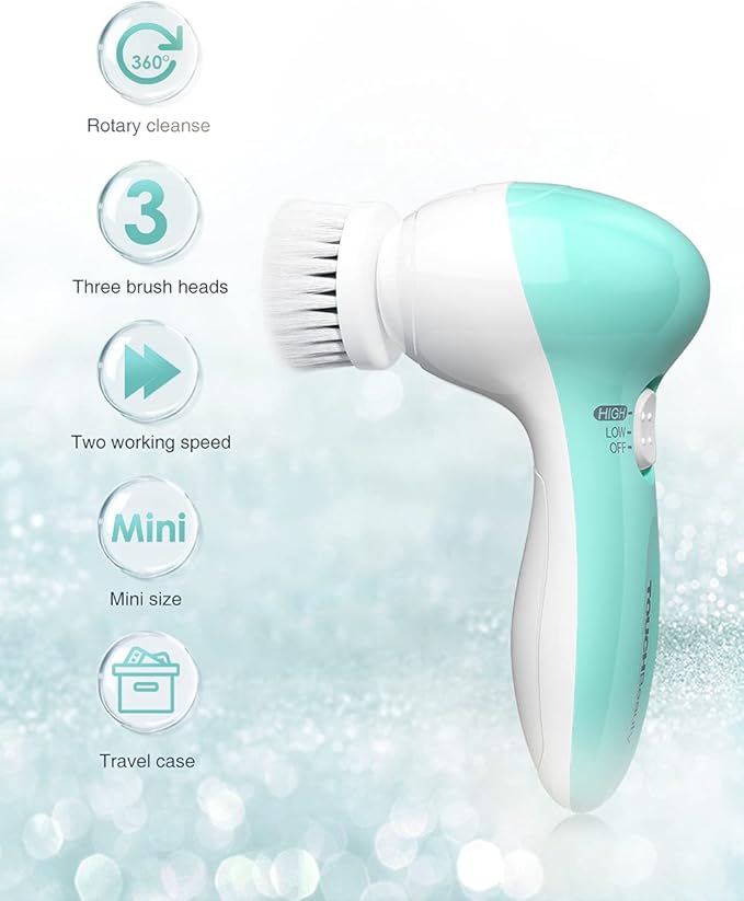 Facial Cleansing Brush for Women, 3-in-1 Face Cleanser and Exfoliator Brush with 3 Brush Heads, 2 Speeds, Battery Operated Waterproof Spin Brush, Portable Travel Case, Perfect Valentine's Day (Green)