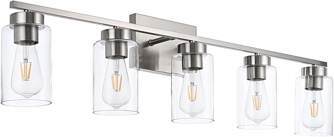 A1A9 5 Light Bathroom Vanity Light Fixtures, Brush Nickel Modern Wall Lights with Clear Glass Shade, Vintage Wall Sconce Lighting for Living Room, Mirror, Bedroom, Hallway (Nickel, 5-Lights)