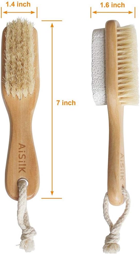 Natural Soft Bristle Foot Brush and Pumice Stone Combo with Wooden Handle, Exfoliator Pedicures Calluses Dead Dry Skin Remover Scrubber Scrub Brush for Shower Massage SPA Sauna
