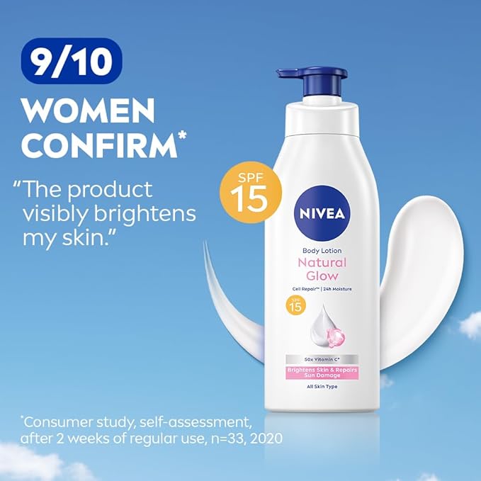 Nivea Natural Glow Body Lotion with SPF 15, Vitamin C, Lightweight Moisturizing Lotion for Daily Use, 13.52 Fl Oz (Pack of 1)