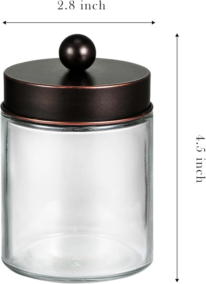 SheeChung 4-Pack Glass Qtip Holder Dispenser - Rust-Proof Stainless Steel Apothecary Jars with Labels -Bathroom Organizer for Cotton Swabs, Balls, Pads-Vintage Rustic Decor (Oil Rubbed Bronze)