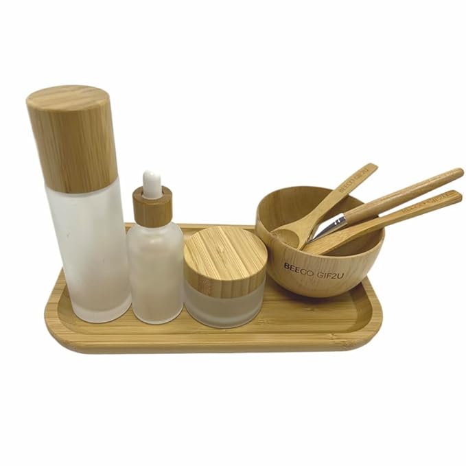 BEECO GIF2U Face Mask Mixing Bowl Set Bamboo,8 Pcs Diy Facemask Mixing Tool Kit With Facial Mask Bowl,Spatula,Spoon,Brush,Empty Refilable Lotion Pump Bottle,Cream Jar and Dropper Bottle and Tray