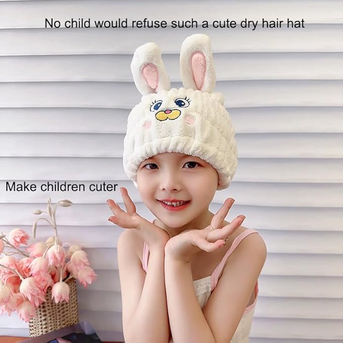 NAWPHEKI Animal Hair Drying Towel Caps, 2Pcs White Rabbit Girls Hair Dry Wrap Women Absorbent Turban Towel, Cute Children Hair Drying Wrap as Gift