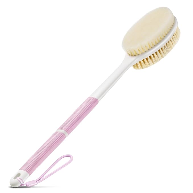 Backski Back Scrubber Anti Slip for Shower, Long Handle Bath Brush with Stiff and Soft Bristles for Exfoliation, Dual-Use Shower and Dry Body Brush(Purple)